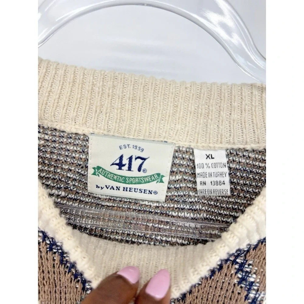 Vintage Van Heusen 417 Argyle 100% Cotton Sweater Size XL Grandpa Retro Academia - Picture 2 of 4